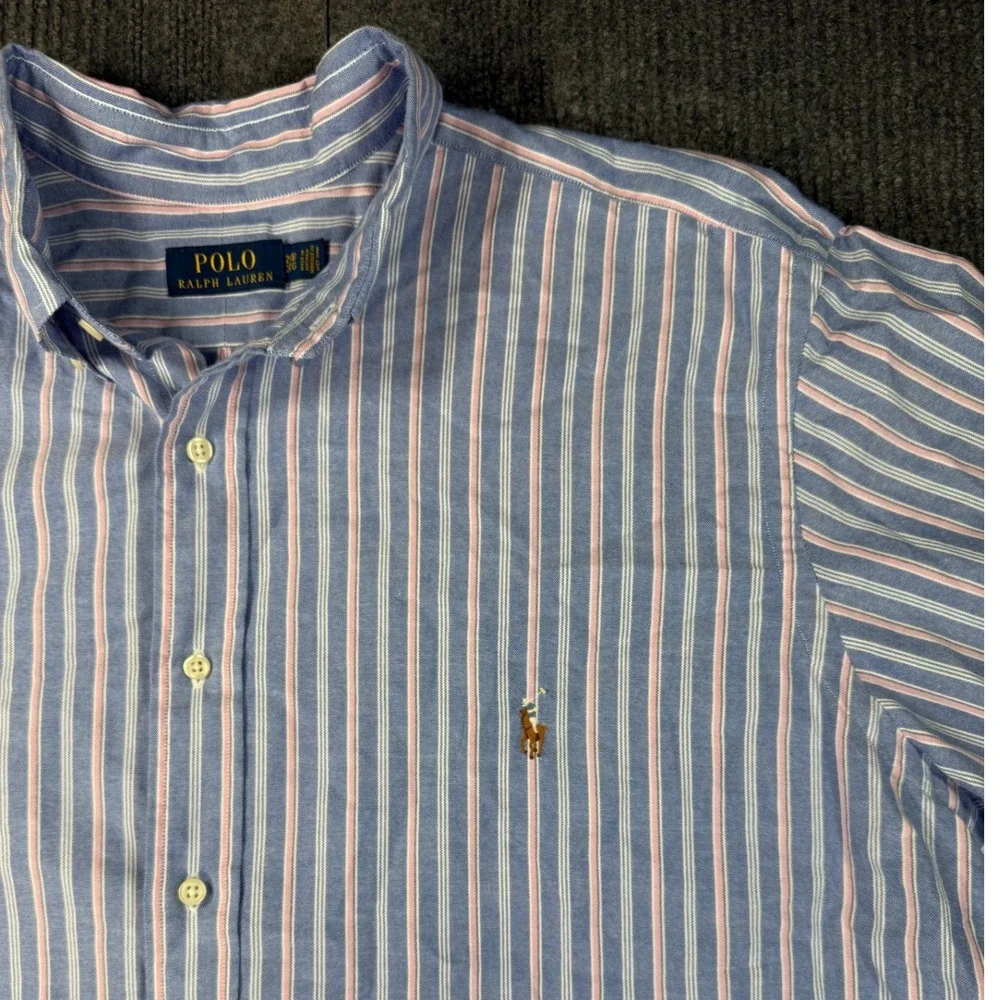 Polo Ralph Lauren Mens 2XB Big & Tall Blue Pink Striped SS Oxford Shirt Cotton